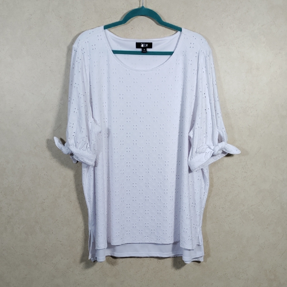 6164 Slim Factor by Investments white eyelet knit S/S blouse XL